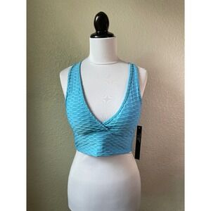NEW MIX Womens L/XL Blue Criss Cross Back Activewear Crop Top Textured